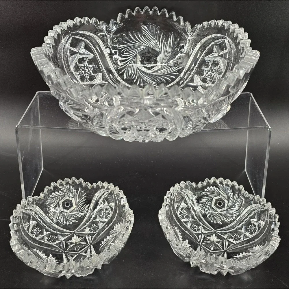 Set of 3 Antique McKee Glass Pres Cut‎ Crystal Bowls WILTEC Pattern 1913 8.5